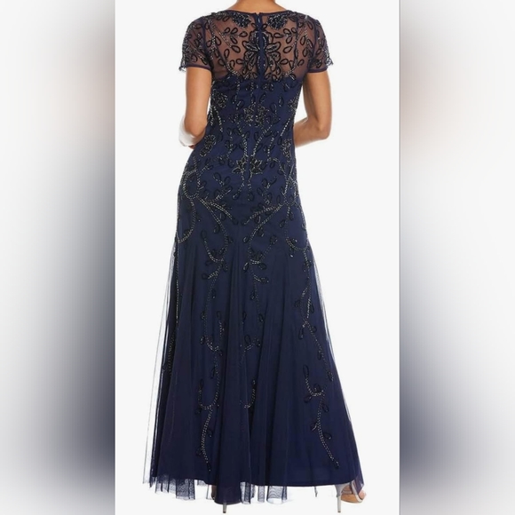 Adrianna Papell Hand-Beaded Godet Gown in Navy, Size 14 - Picture 2 of 9
